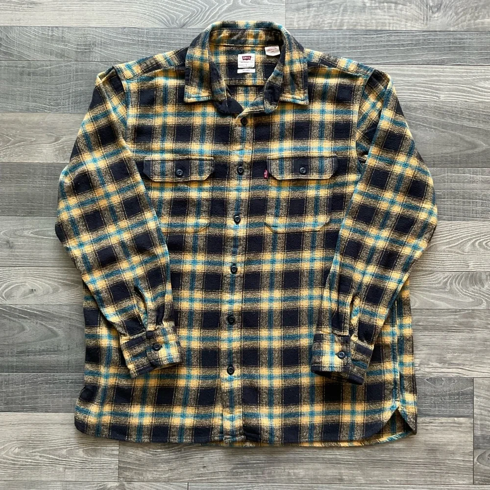 Levi’s Relaxed Fit Flannel Shirt Men’s LARGE Yellow Black Turquoise Plaid 19587